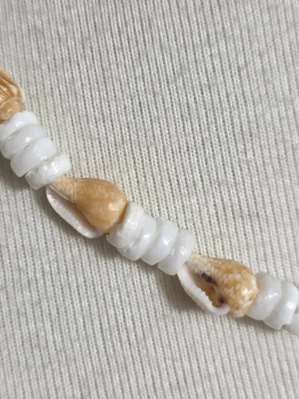 Bohemian-Style Necklace White Heishi Beads with Small Tan Seashell Spacers
